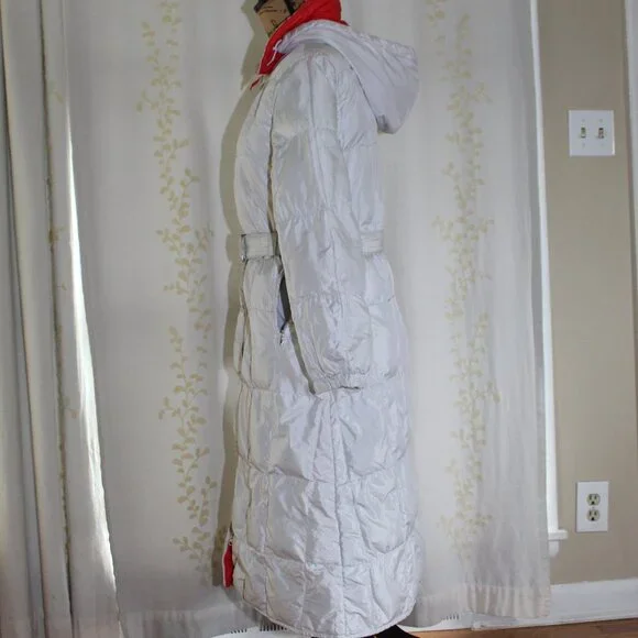 Vintage Sans Egal Sportcaster Hooded Gray Red Long Goose Down Coat Women's M - Picture 4 of 16